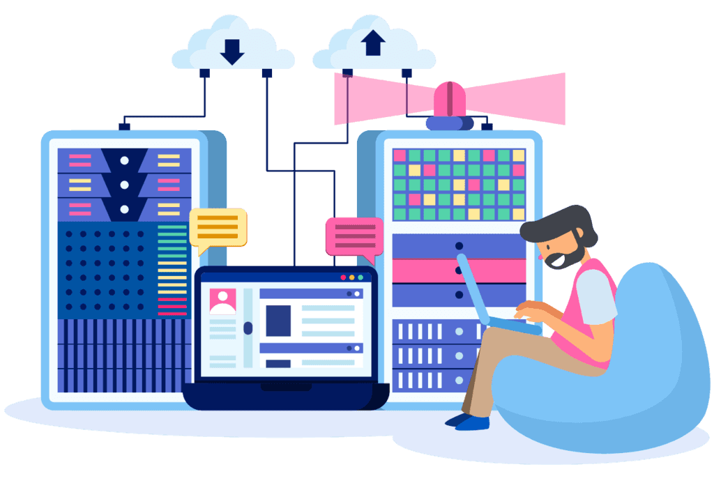 Homme sur son ordinateur entouré de Data Centers