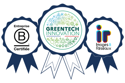 Illustration des certifications Fruggr telles que B Corp, GreenTech Innovation et Images & Réseaux