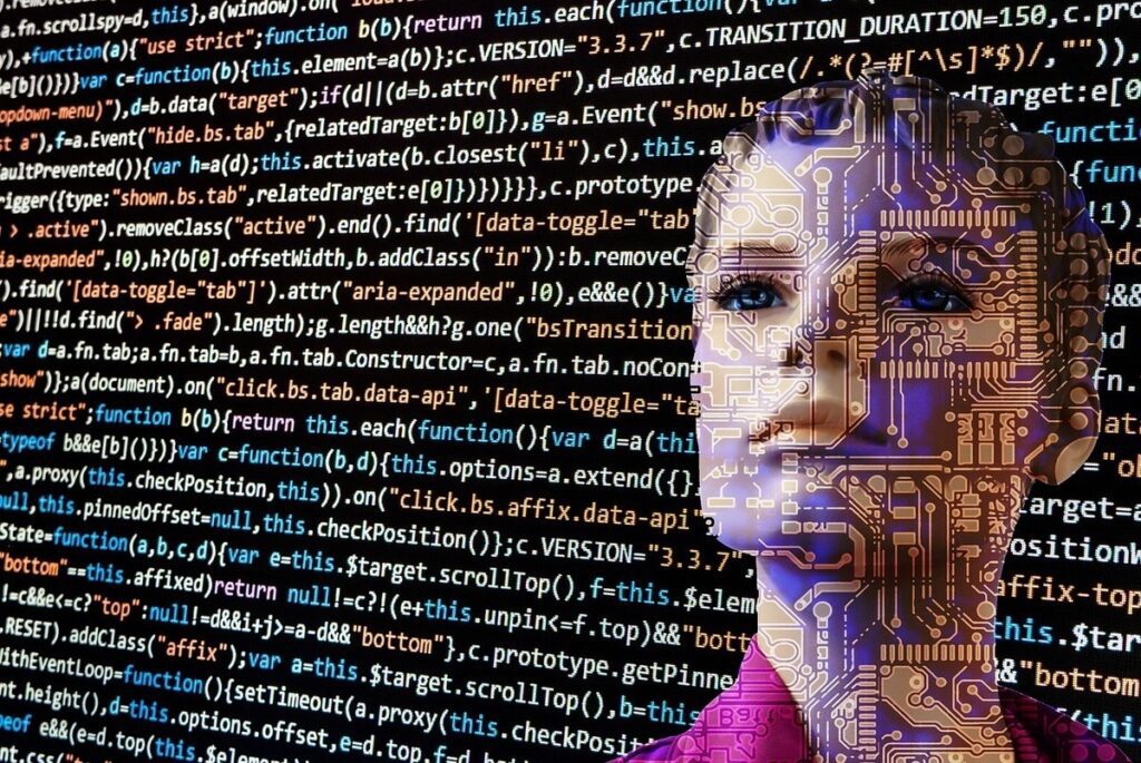 ligne de code avec un visage en circuit numérique