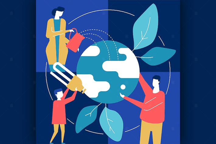 illustration de personnes autour d'une planète qui en prennent soin
