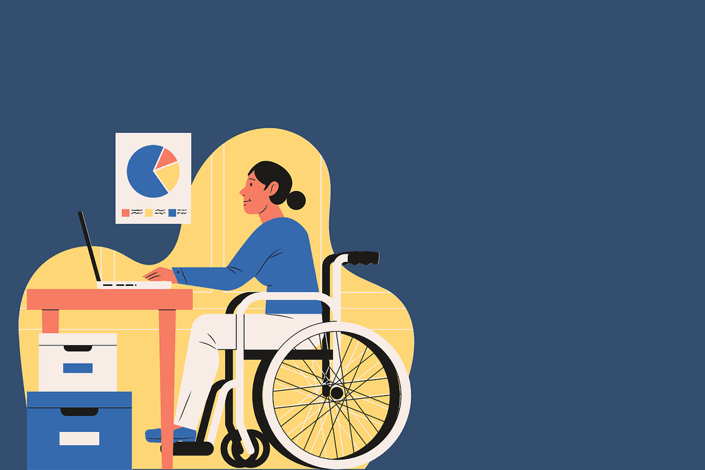 illustration d'une personne en fauteuil roulant qui travail sur un ordinateur