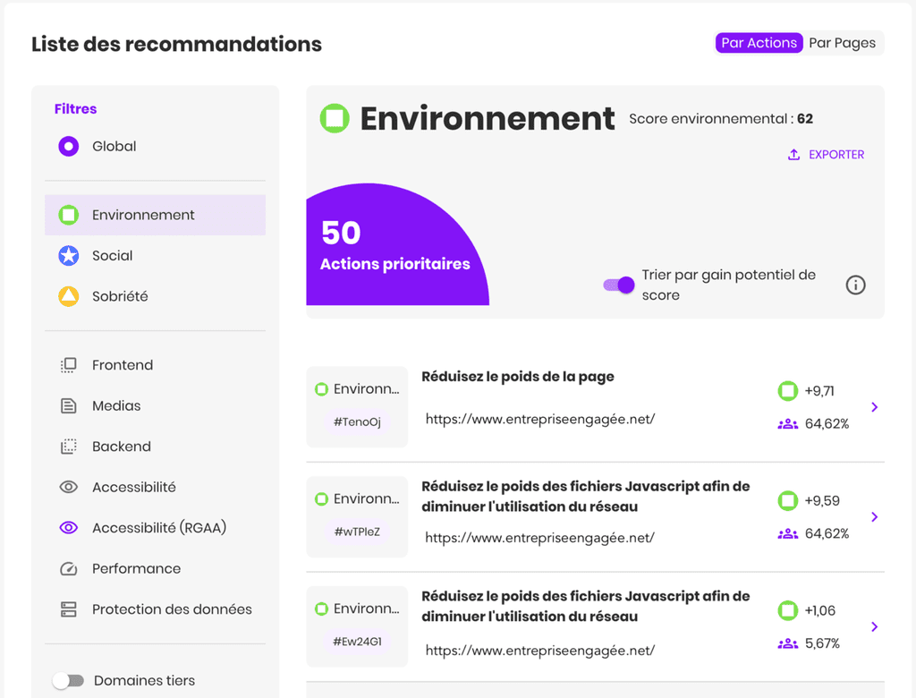 image représentant l'interface Fruggr avec ses recommandations pour agir sur le pilier environnement