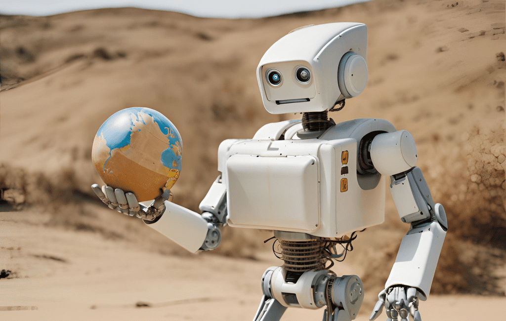 photo d'un robot qui tient le monde dans sa main