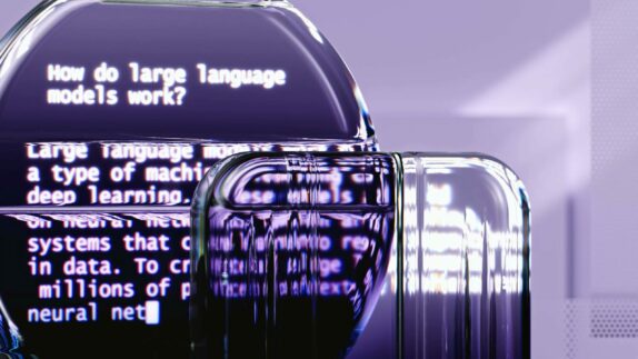 Blurred and distorted text seen through a transparent purple glass surface. The question ‘How do large language models work?’ can be made out, followed by an explanatory text on large language models and deep learning.