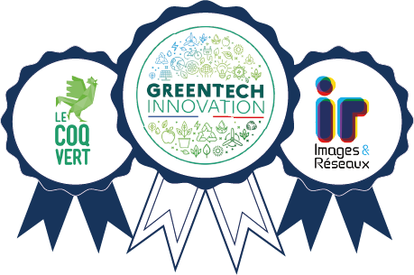 Illustration des certifications Fruggr telles que Le Coq Vert, GreenTech Innovation et Images & Réseaux