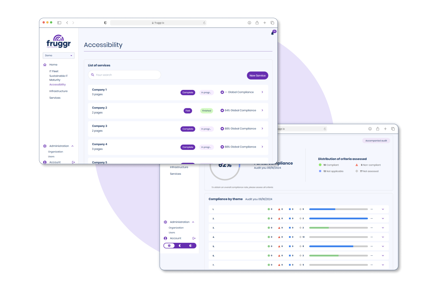 Two computer screens showing the Fruggr solution Accessibility